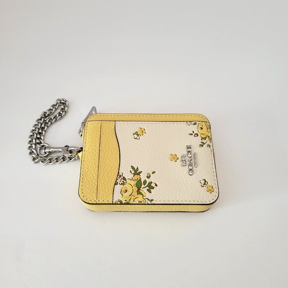 Coach CAU44 Zip Card Case Floral Print Leather Mini Wallet Chalk Multi - Picture 4 of 6